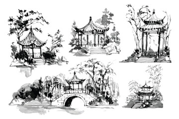 Watercolor painting in Chinese ink style, Sumie, pavilion in nature set