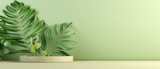 Promote natural beauty products with a minimal render showcasing leaf shadow on a pastel green background
