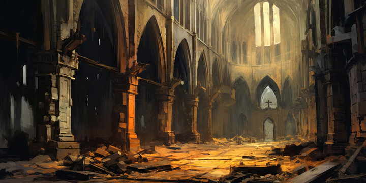 abstract art of empty Ruins of an old Christian church ,illustration painting