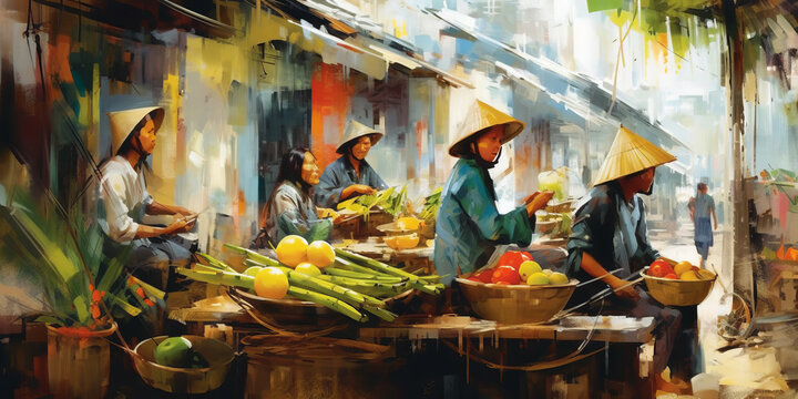 abstract art of Vietnamese fresh market ,illustration painting