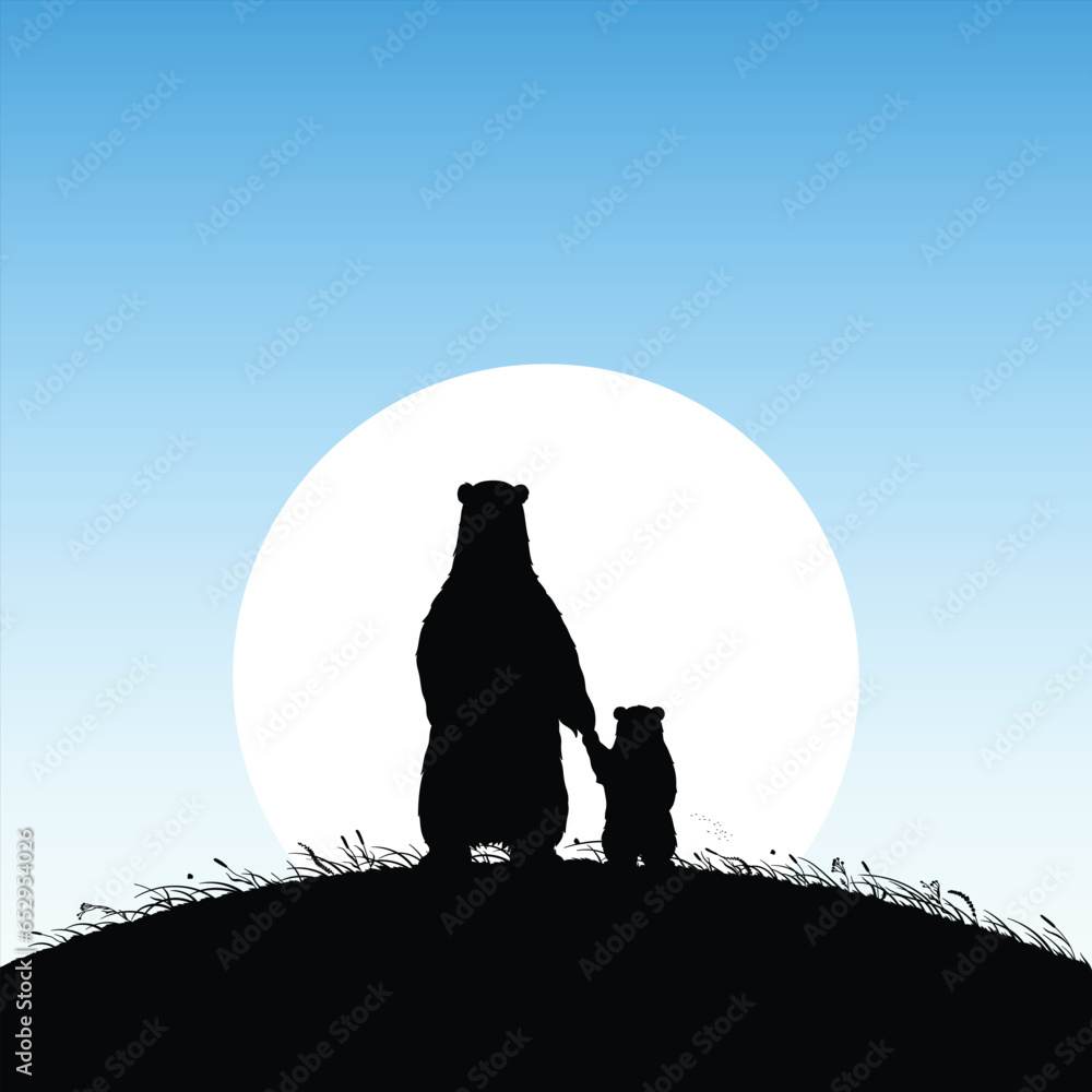 Sticker mom bear and baby holding hands. animal family isolated silhouette