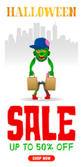 Halloween sale white poster, banner with zombie young boy. Sale up to 50% off. Sale Halloween graphic design