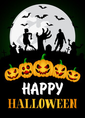 Happy Halloween poster with zombies and pumpkins