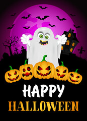 Happy Halloween poster with ghost and pumpkins