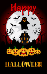 Happy Halloween poster with creepy haunted house. Halloween greeting card