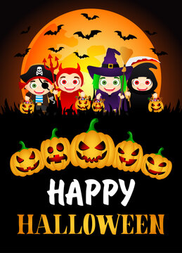 Happy Halloween poster. Kids in Halloween costumes and pumpkins