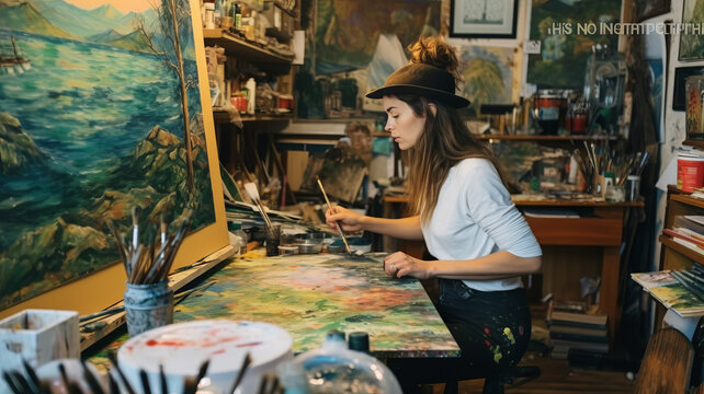 Artist working in her studio wiht paintbrushes and a print