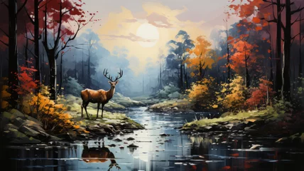 Papier Peint photo Orignal Beautiful deer in the forest with river,generative ai