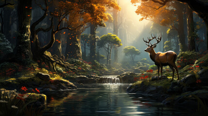 Beautiful deer in the forest with river - obrazy, fototapety, plakaty