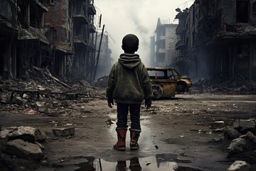 Children of war. Back view of a little boy in dirty clothes stands in the middle of a bombed-out street and looking at ruined city.