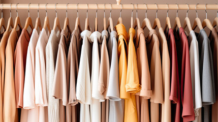 Fashion stylish luxury clothes display. Image and stylish services, selection of colors, types. Capsule spring wardrobe