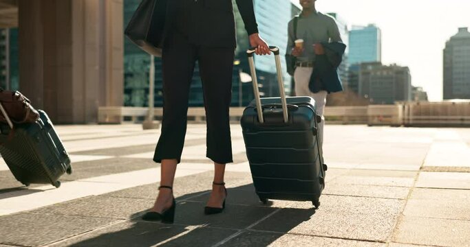 Man, woman and travel with work for corporate, professional and airport with luggage to plane. Formal, career and executives with luxury in first class and visa, booking and .reservation for hotel