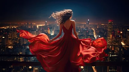 Zelfklevend Fotobehang Fashion Woman in Red fluttering Dress Back Side Rear View. Glamour Model dancing with Long Silk Fabric flying on Wind over Night Sky City Light Landscape © Sasint