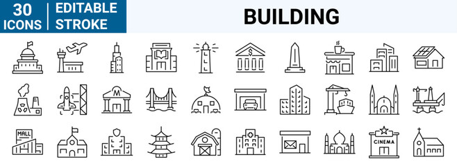 Set of 30 web icons Building in line style. Airport, Office, Hotel, Hospital, Insurance, town house, mall, coffee, . Vector illustration.
