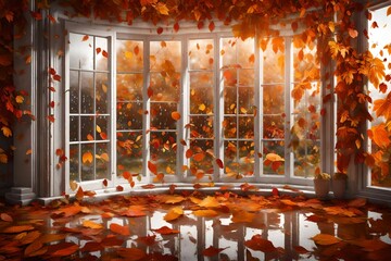Craft a Breathtaking Scene of Rain-Kissed Windowpanes Adorned with Glistening Raindrops, Framed by a Tapestry of Vibrant Autumn Leaves. Convey the Mood of a Serene Rainy Autumn Day .