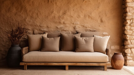 Warm Beige Sofa with light Brown Pillows against a Sandstone Wall