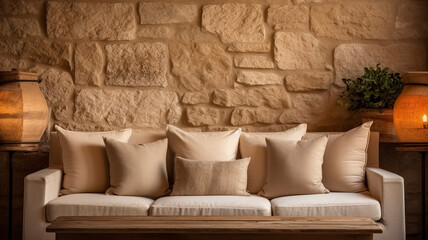 Warm Beige Sofa with light Brown Pillows against a Sandstone Wall