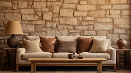 Warm Beige Sofa with light Brown Pillows against a Sandstone Wall