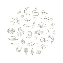 Round shape frame with wild west vector illustrations, icons. Simple western ornament