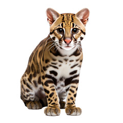 Ocelot sitting on ground on transparent background.