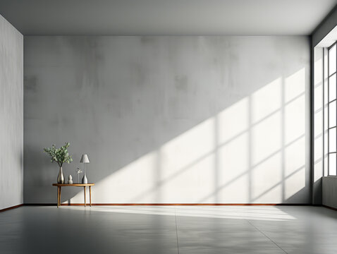 Interior of modern empty room with white walls, concrete floor, wooden coffee table and window with sunlight. Generative AI