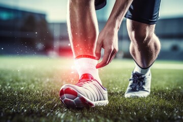 In this image, you can see a soccer player experiencing ankle pain during the game, highlighting the physical challenges athletes face on the field.

 Generative AI - obrazy, fototapety, plakaty