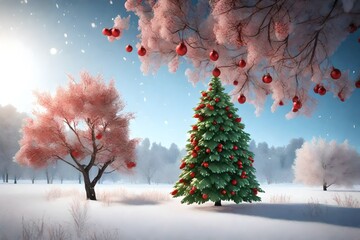  3D rendering of a serene New Year's winter scene with a snowy background, featuring a vibrant green tree adorned with striking red berries. 