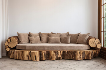 Sofa made from tree trunk, living room interior design