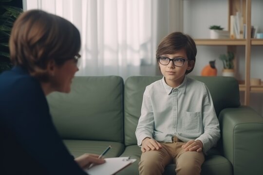 Female psychologist consulting a little boy . AI Generated
