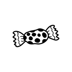 Vector doodle of candy. polka dot wrapper. Stock isolated illustration on white background.