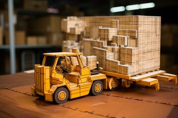 A logistics firm presents a 3D representation featuring a forklift and box truck that symbolize worldwide transportation of goods. Generative AI