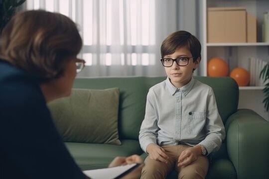 Female psychologist consulting a little boy . AI Generated