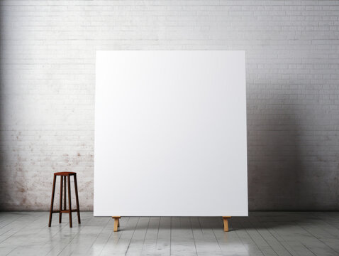 White blank poster on a wooden stand in front of a brick wall. Generative AI