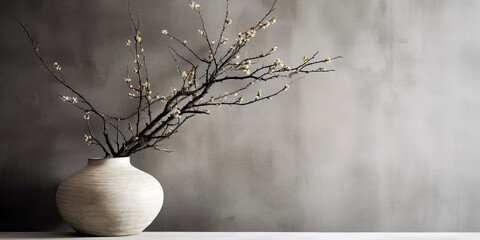 Blooming branch in clay vase against concrete wall with copy space. Home interior background of living room.