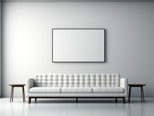 White sofa in modern interior with blank poster on wall. Mock up. Generative AI