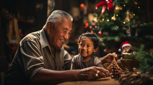 abuelo latino con su nieto latino leyendo un cuento referente a la epoca navide&ntilde;a con luces de fondo y muy sonrientes
