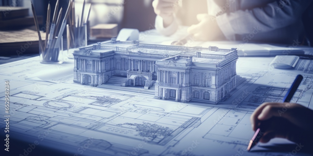 Poster construction drawings, blueprints, and a pencil combine creativity and technical expertise in the pl