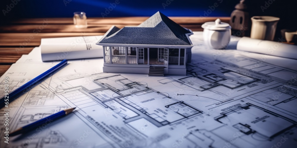 Poster construction drawings, blueprints, and a pencil combine creativity and technical expertise in the pl