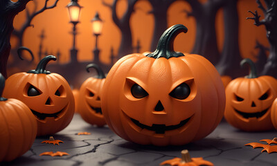 Obraz premium Halloween Pumpkin Illustration 3D Art Animated Graphic, Party Invitation Banner Website Card Design Background - ai generated