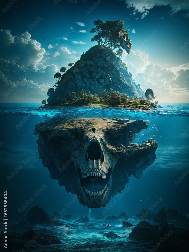 Aufkleber a small island in the middle of a vast ocean with a skull-like base - ai generative