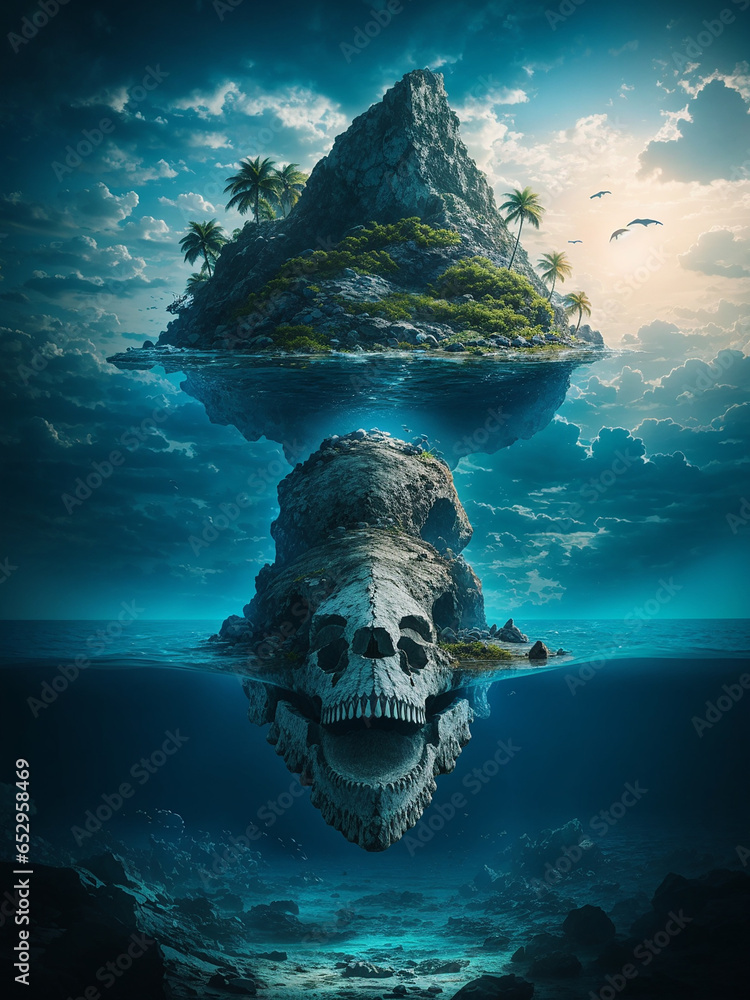 Poster a small island in the middle of a vast ocean with a skull-like base - ai generative