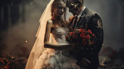 stockphoto, copy space, Apocalypse fantasy zombie marriage. Halloween concept. Halloween zombie couple, skeleton and skull. Creepy couple in love.