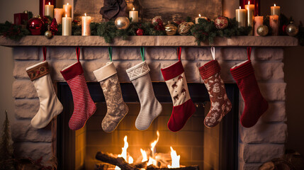 сhristmas interior. stockings hang on a fireplace mantel	
