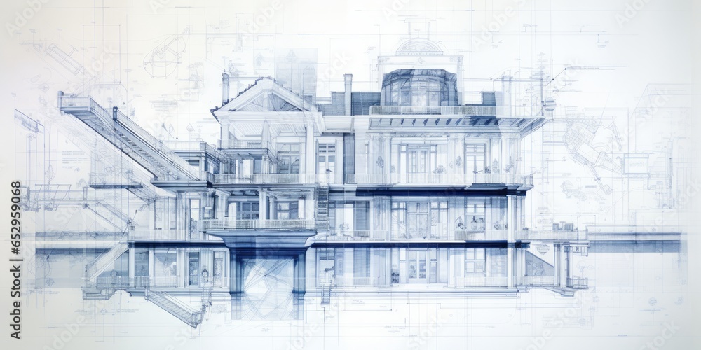 Poster architectural precision: construction drawings, blueprints, and a pencil combine creativity and tech