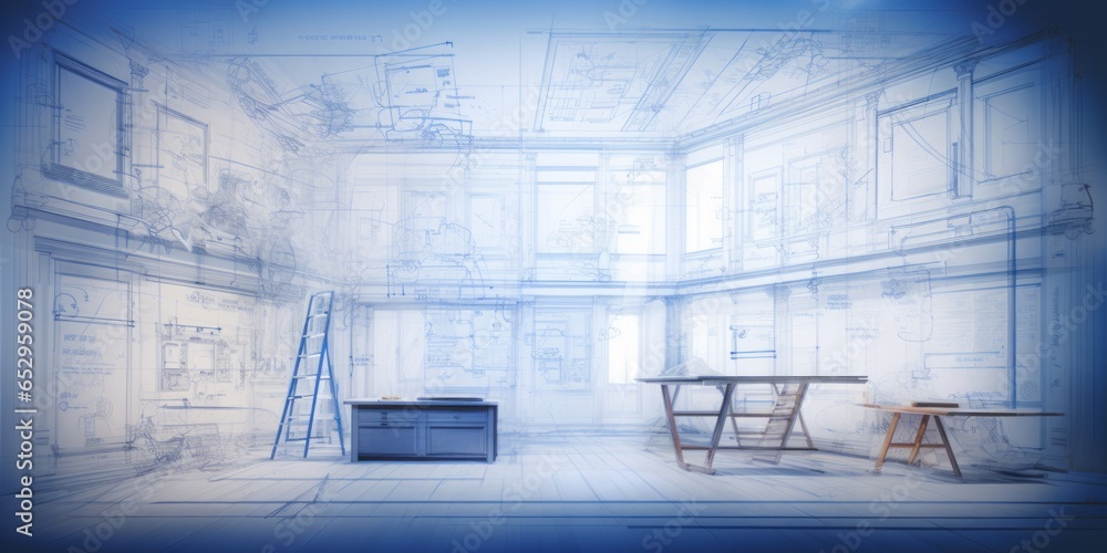 Poster architectural precision: construction drawings, blueprints, and a pencil combine creativity and tech