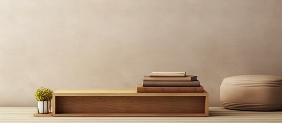 A minimal coffee table podium with wood grain a book stack a gray leather cushion sofa in sunlight against a beige brown wall on a cream carpet floor for interior design decoration and a pro