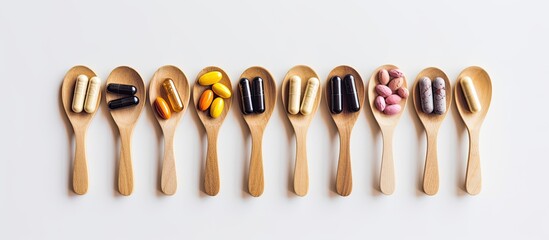 Top view of wooden spoon with herbal supplements and vitamins on light background alternative medicine - obrazy, fototapety, plakaty