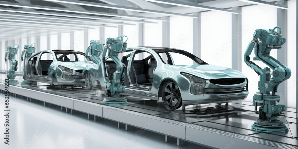 Aufkleber  Robots on a White Background Collaborate Seamlessly to Complete the Automotive Assembly Process with Precision and Technological Innovation