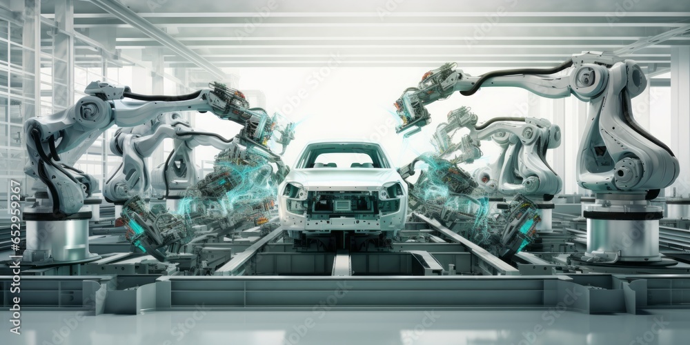 Poster  Robots on a White Background Collaborate Seamlessly to Complete the Automotive Assembly Process with Precision and Technological Innovation