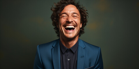 Fototapeta premium funny portrait of a expression of a surprised happy laughing man wearing a jacket against colorful background